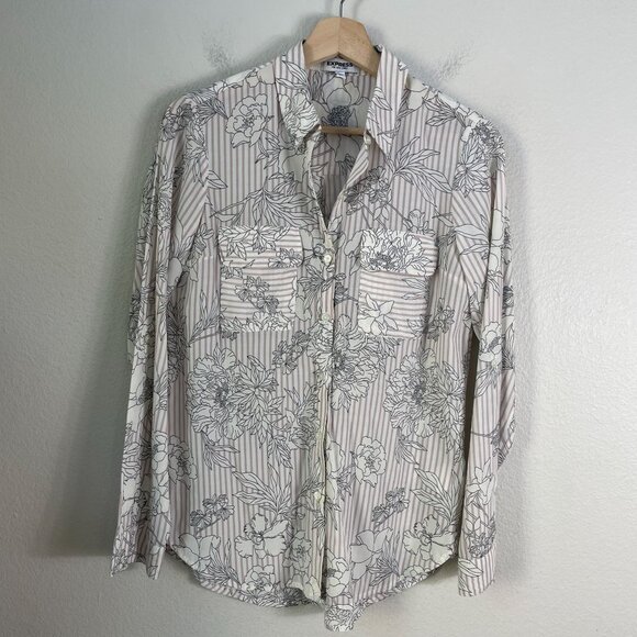 Express Tops - Express Womens Small City Shirt Floral Stripe Roll Tab Sleeve Button Up Blouse